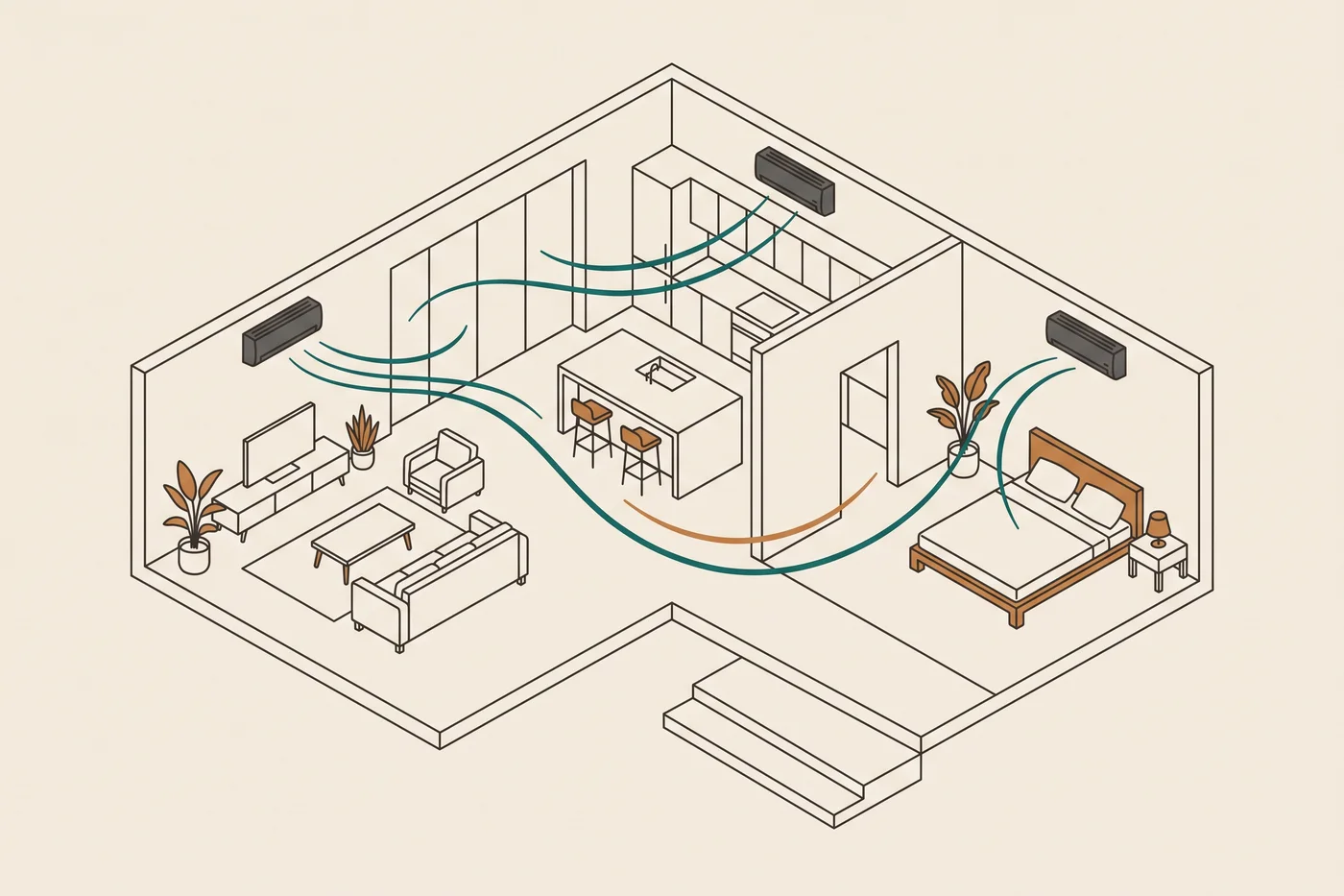 Ilustración de corte isométrico de una villa mostrando el flujo de aire tranquilo y unidades interiores discretas.