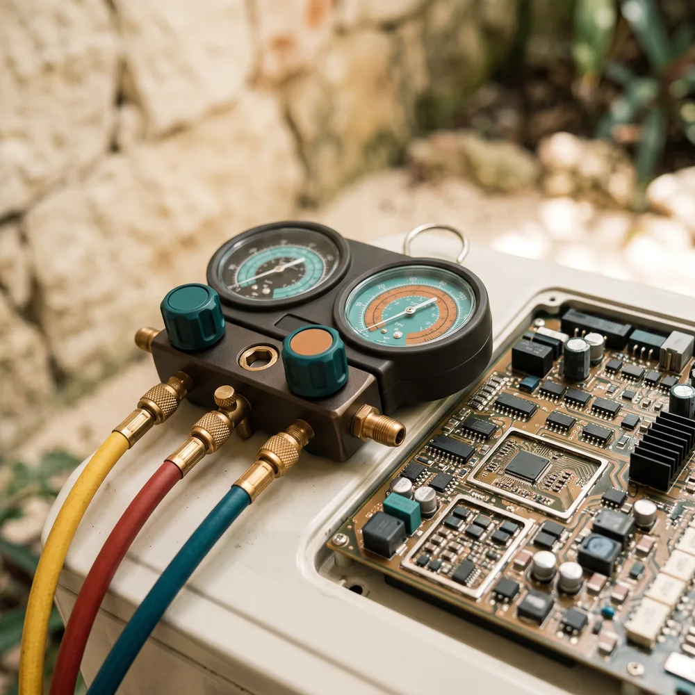 Macro de un juego de manómetros HVAC y una tarjeta de control inverter durante un diagnóstico.